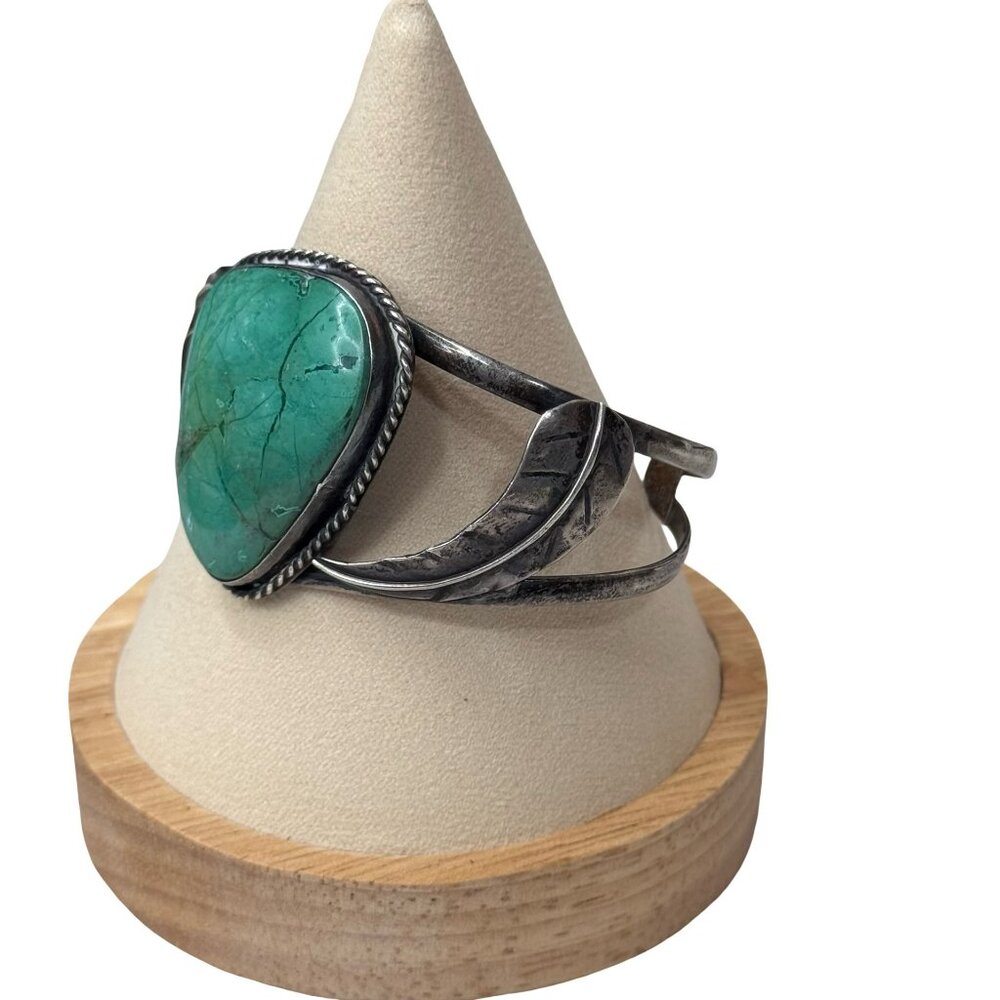 Vintage Navajo Statement Sterling Silver Cuff Bracelet Large Turquoise Feather